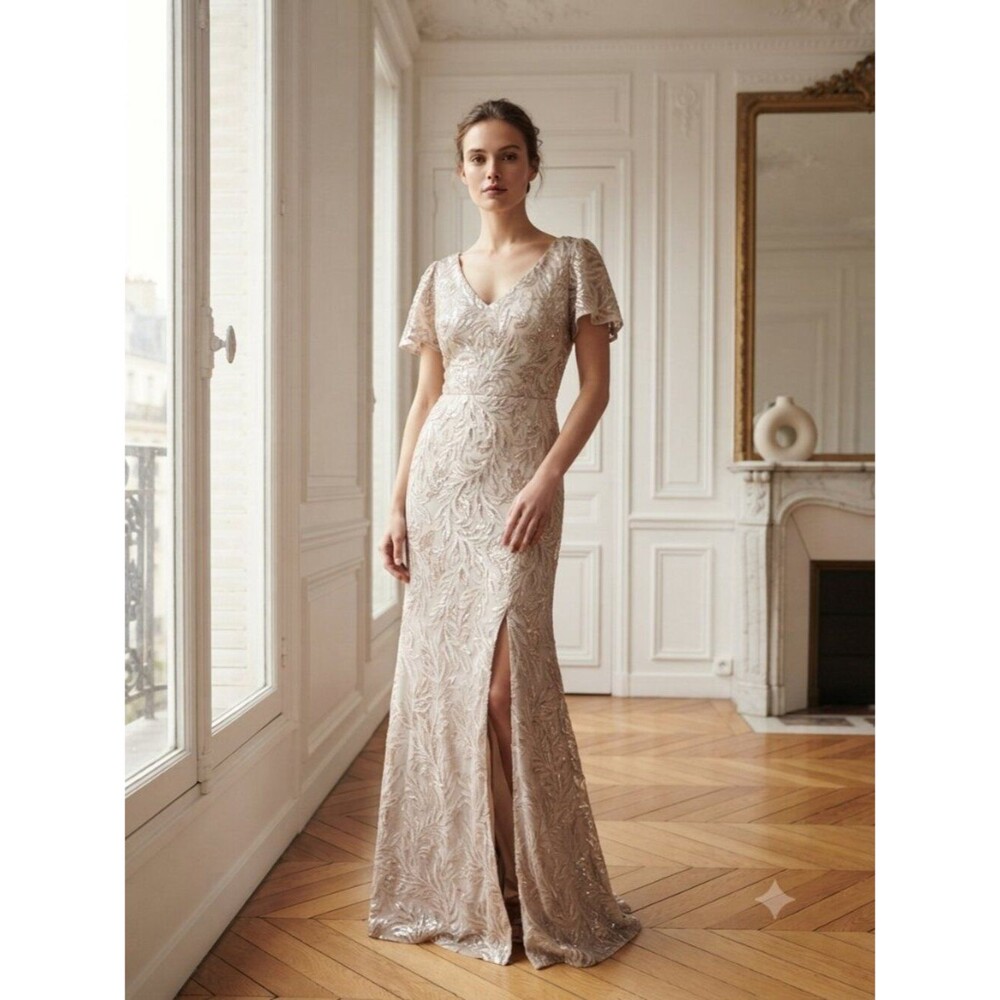 NWT Alex Evenings Taupe V-Neck Sequined Evening Gown  Size 4